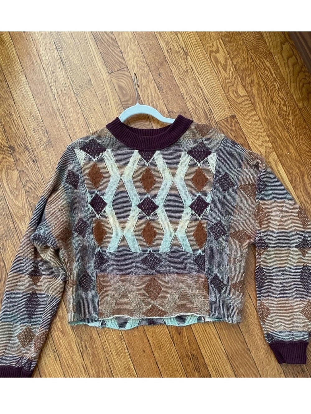 Diamond-Pattern Cropped Sweater - Brown & Cream
